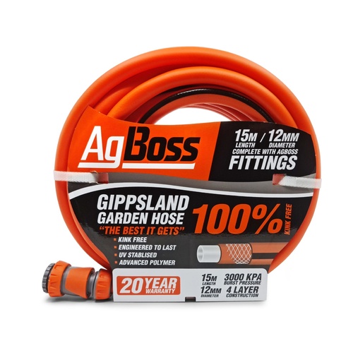 AgBoss Gippsland Non Kink Hose 12mmx15m (Fitted)